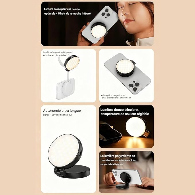 إضاءة سيلفي 3 في 1 مغناطيسية للهواتف – مع مرآة، حلقة LED 360° للتصوير، المكياج والسيلفي ( أسود+ أبيض)