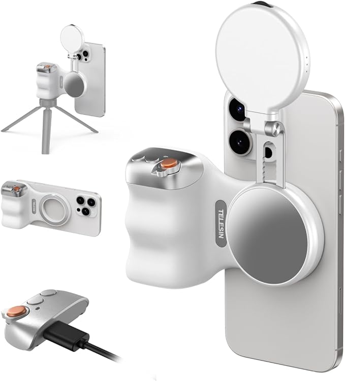 مجموعة TELESIN Fun Shot مقبض هاتف ذكي مع ضوء سيلفي مغناطيسي C03 (أبيض)، متوافقة مع iPhone وAndroid، مثالية للسيلفي، التصوير، TikTok، مكالمات Zoom والفيديو
