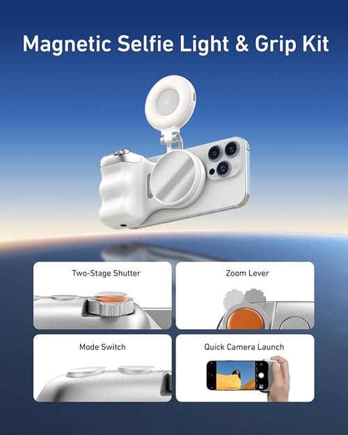 مجموعة TELESIN Fun Shot مقبض هاتف ذكي مع ضوء سيلفي مغناطيسي C03 (أبيض)، متوافقة مع iPhone وAndroid، مثالية للسيلفي، التصوير، TikTok، مكالمات Zoom والفيديو