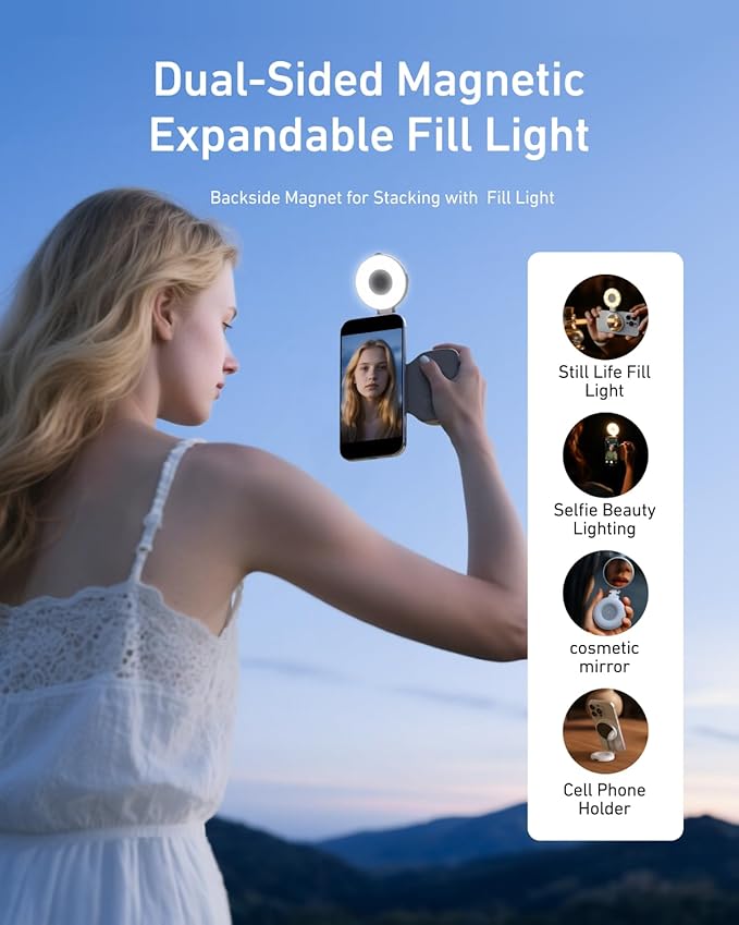 مجموعة TELESIN Fun Shot مقبض هاتف ذكي مع ضوء سيلفي مغناطيسي C03 (أبيض)، متوافقة مع iPhone وAndroid، مثالية للسيلفي، التصوير، TikTok، مكالمات Zoom والفيديو