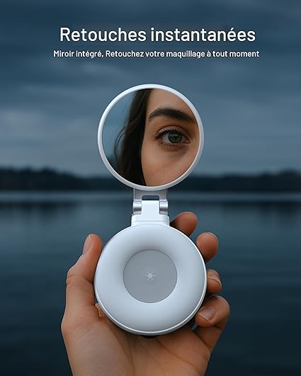 إضاءة سيلفي 3 في 1 مغناطيسية للهواتف – مع مرآة، حلقة LED 360° للتصوير، المكياج والسيلفي ( أسود+ أبيض)